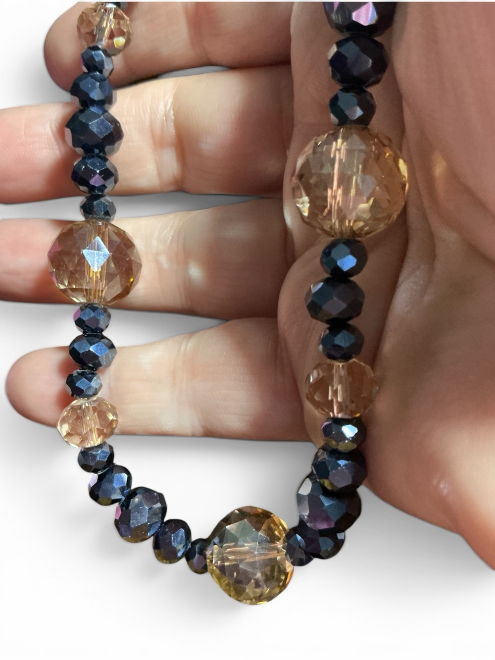 Champagne and Blue Black Faceted Crystal Necklace with Matching Earrings